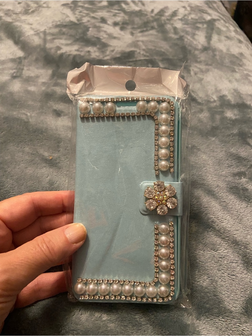 Samsung Light Blue Pearl & Rhinestone Flower Wallet Case